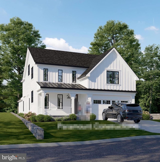 modern inspired farmhouse featuring a front lawn, a garage, and a porch