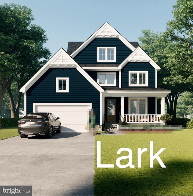 exterior space featuring a garage, covered porch, and a front lawn