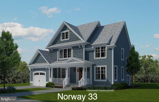 view of front of house with a front lawn, a porch, and a garage