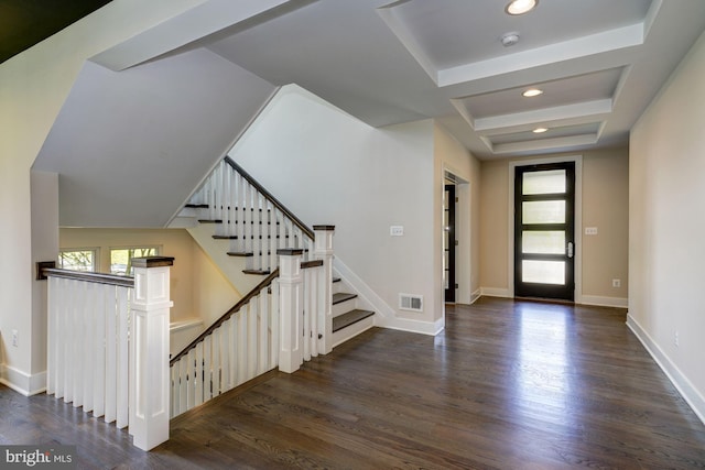 foyer entrance featuring dark hardwood / wood-style flooring, a wealth of natural light, and a raised ceiling