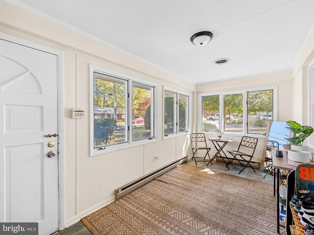 sunroom featuring a baseboard heating unit