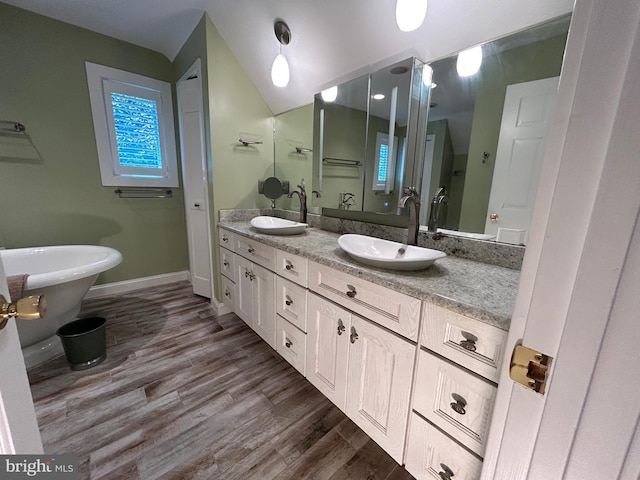 bathroom with vanity and hardwood / wood-style flooring