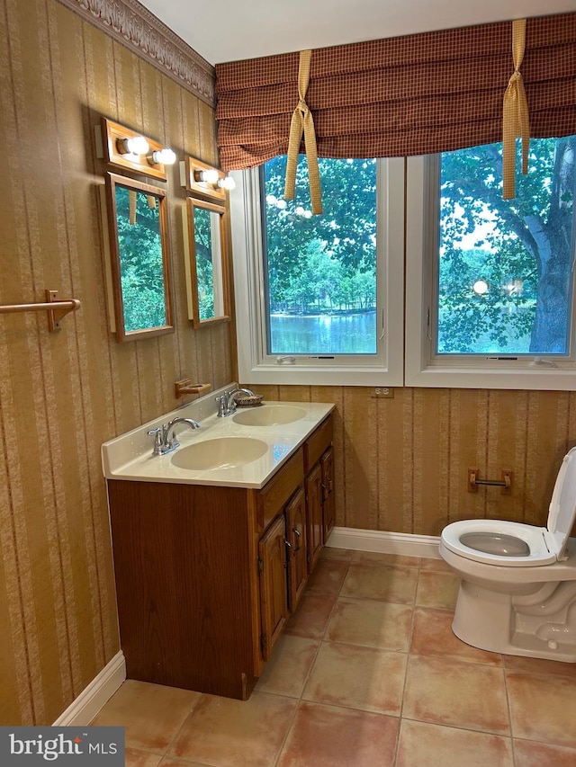 bathroom with a wealth of natural light, tile patterned flooring, vanity, and toilet