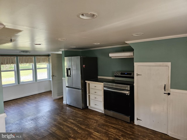 kitchen with ornamental molding, white cabinetry, dark hardwood / wood-style flooring, and stainless steel appliances