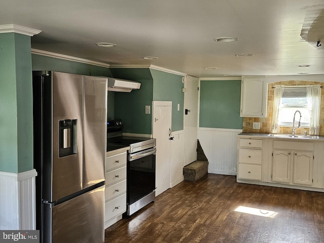 kitchen with white cabinetry, ventilation hood, appliances with stainless steel finishes, dark wood-type flooring, and sink