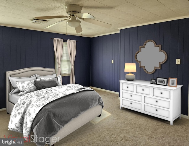 bedroom with light carpet, ceiling fan, and wood walls