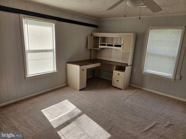 unfurnished office with light carpet, plenty of natural light, and ornamental molding