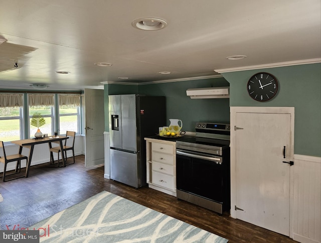 kitchen featuring appliances with stainless steel finishes, crown molding, and dark hardwood / wood-style floors