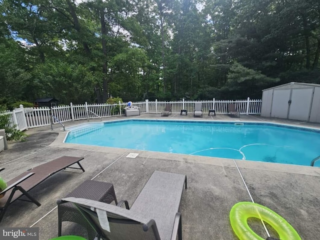 view of pool with a shed and a patio