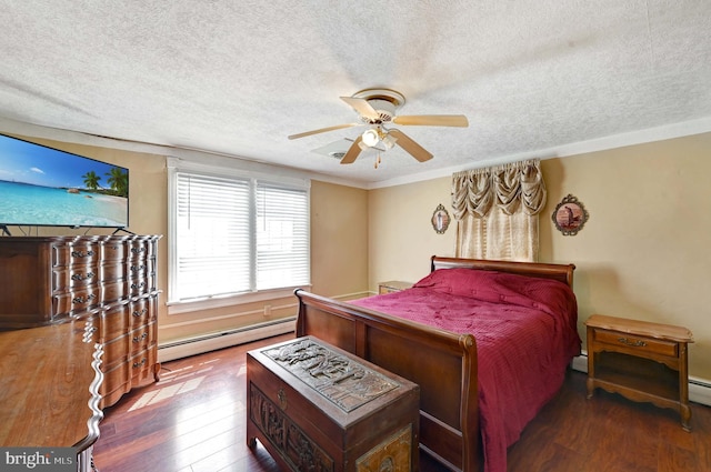 bedroom featuring a textured ceiling, ceiling fan, a baseboard radiator, and dark wood-type flooring