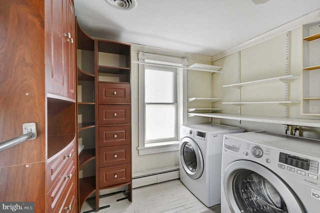 laundry room with separate washer and dryer, a baseboard radiator, light wood-type flooring, and hookup for a washing machine