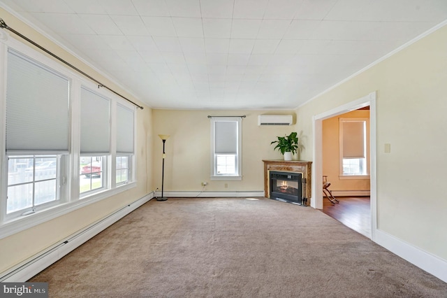 unfurnished living room featuring a baseboard radiator, ornamental molding, and carpet floors