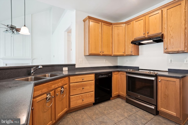 kitchen featuring sink, black dishwasher, tile patterned flooring, decorative light fixtures, and stainless steel electric stove