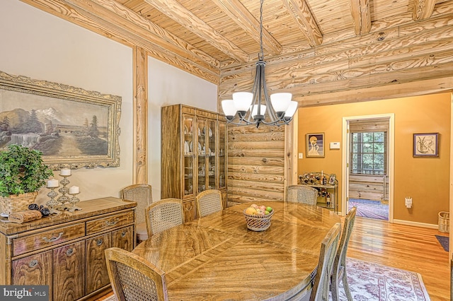 dining space with light hardwood / wood-style floors, rustic walls, beam ceiling, wood ceiling, and a chandelier