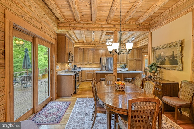 dining area with wooden ceiling, french doors, light wood-type flooring, a notable chandelier, and beam ceiling