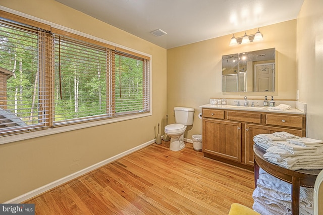 bathroom with plenty of natural light, vanity, and hardwood / wood-style flooring