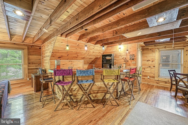 dining area with beam ceiling, light wood-type flooring, wood ceiling, and wood walls