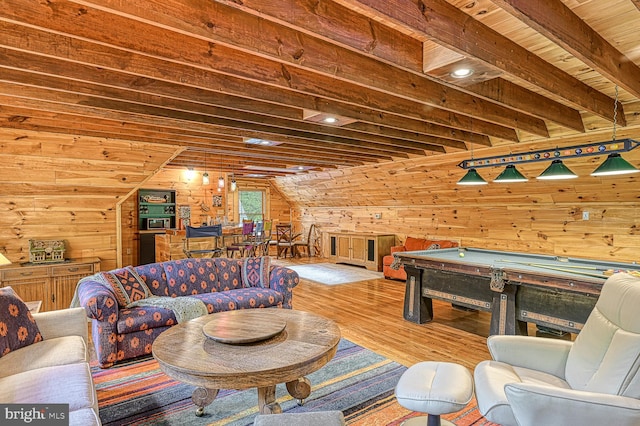 playroom with beam ceiling, wooden ceiling, light hardwood / wood-style flooring, billiards, and wooden walls