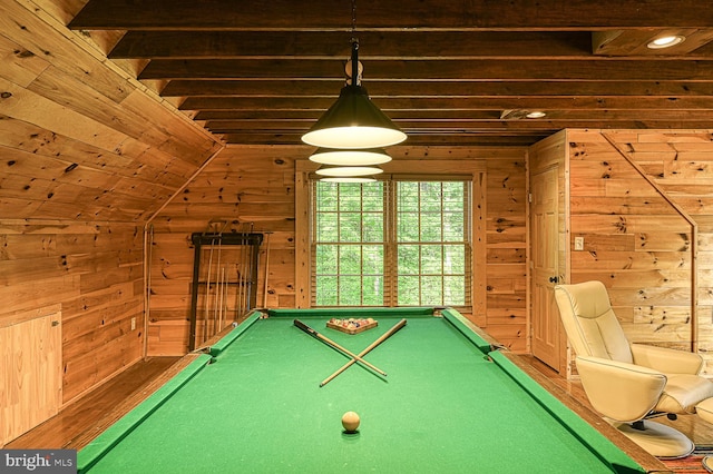 rec room featuring hardwood / wood-style flooring, wood walls, and billiards