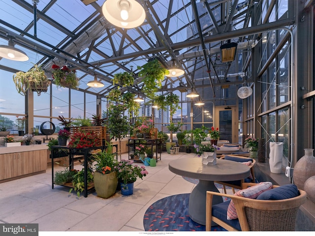 view of patio terrace at dusk