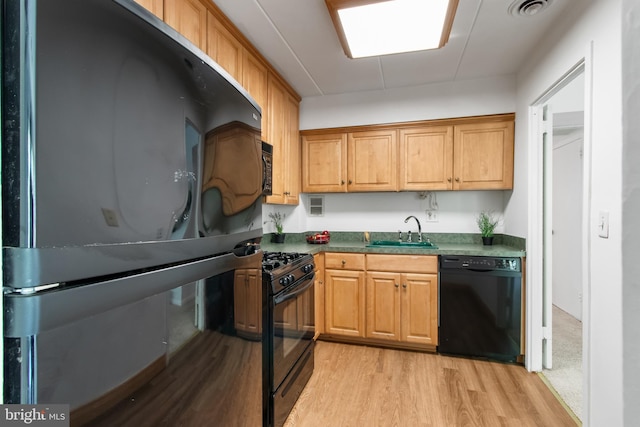 kitchen featuring black appliances, light hardwood / wood-style floors, and sink