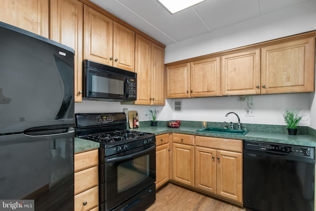 kitchen with light wood-type flooring, sink, and black appliances