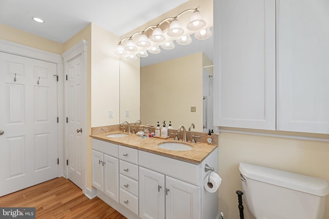 bathroom featuring vanity, hardwood / wood-style flooring, and toilet