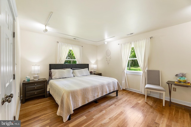 bedroom featuring multiple windows, rail lighting, and hardwood / wood-style flooring