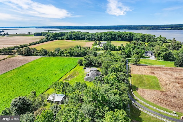 bird's eye view with a rural view and a water view