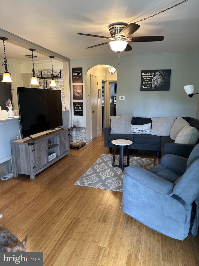 living room with ceiling fan and hardwood / wood-style flooring