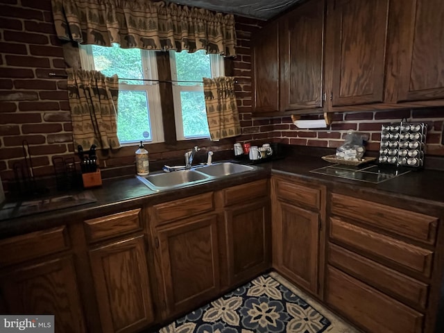 kitchen with sink and brick wall