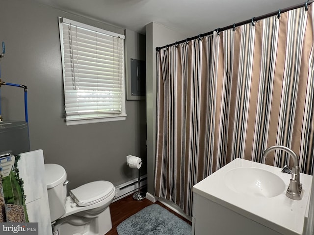 bathroom with a baseboard radiator, vanity, toilet, and hardwood / wood-style floors