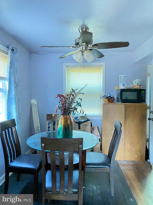 dining room with a ceiling fan and wood finished floors