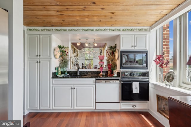 bar with white cabinetry, black appliances, wood ceiling, and hardwood / wood-style floors