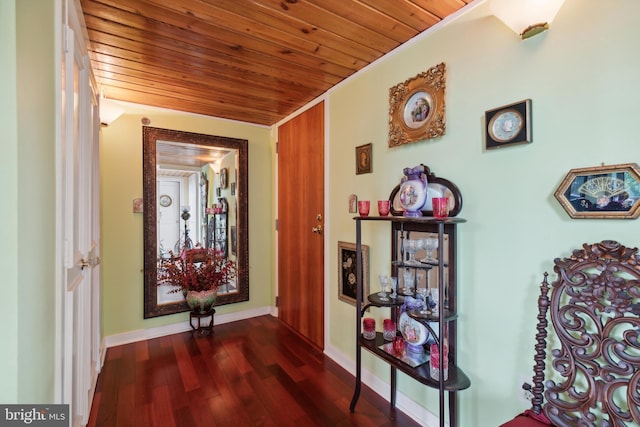 hall featuring hardwood / wood-style flooring and wooden ceiling