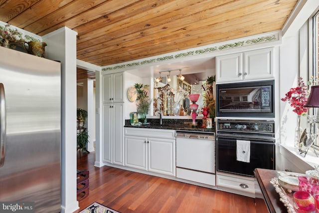 kitchen with black appliances, white cabinets, wood ceiling, and hardwood / wood-style floors