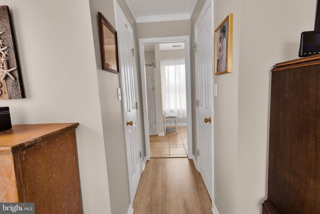 corridor featuring crown molding and light wood-type flooring