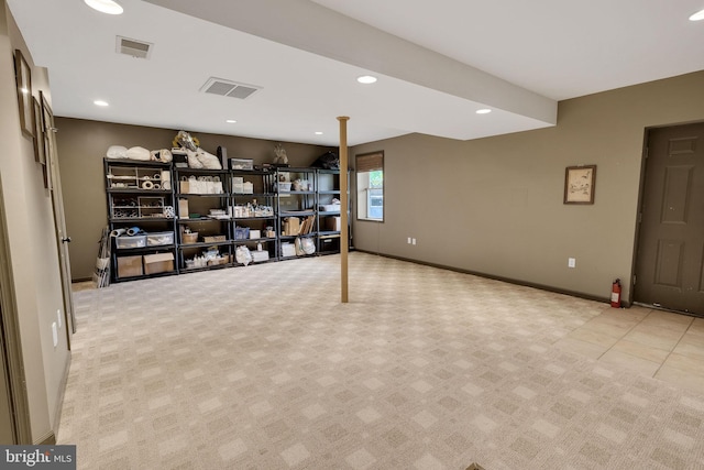 basement with light carpet