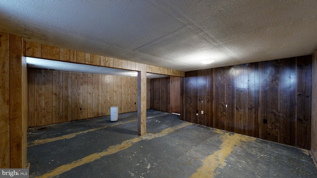 basement featuring wooden walls