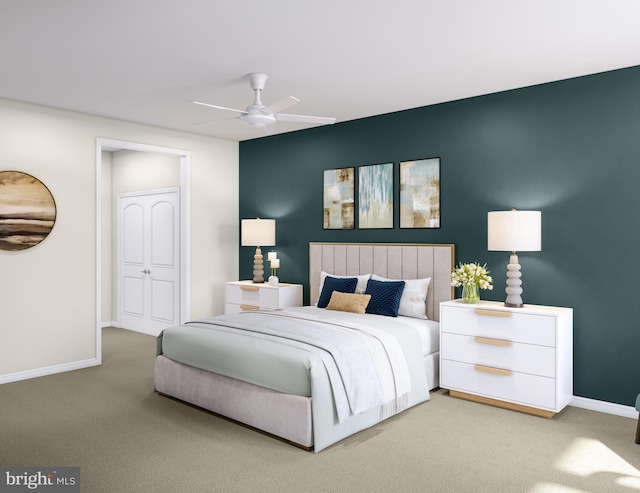 bedroom featuring carpet flooring, a closet, and ceiling fan