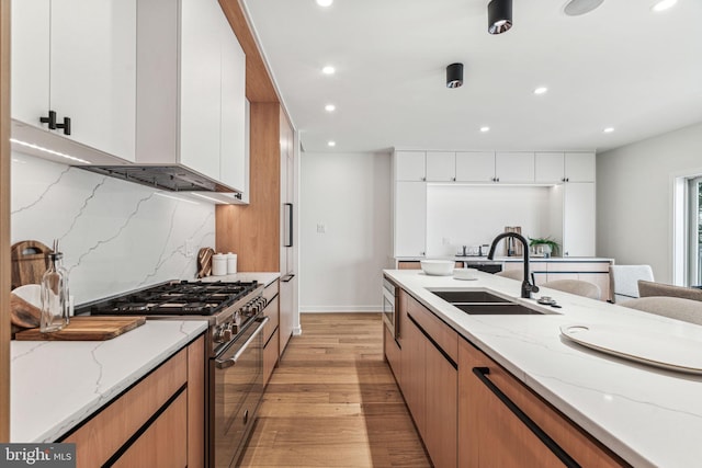 kitchen featuring high end range, light stone counters, white cabinetry, and sink