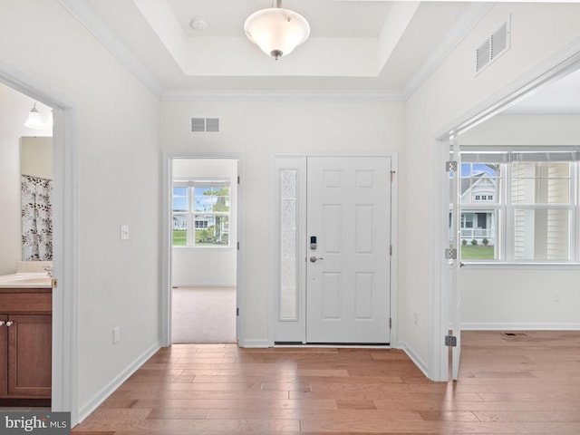 foyer featuring hardwood / wood-style floors, a raised ceiling, and crown molding