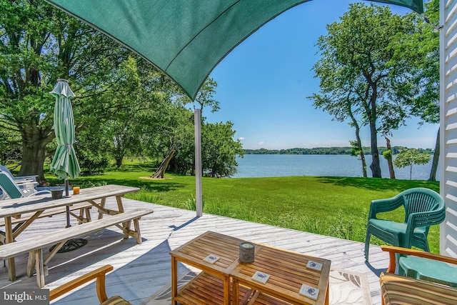 view of patio with a deck with water view