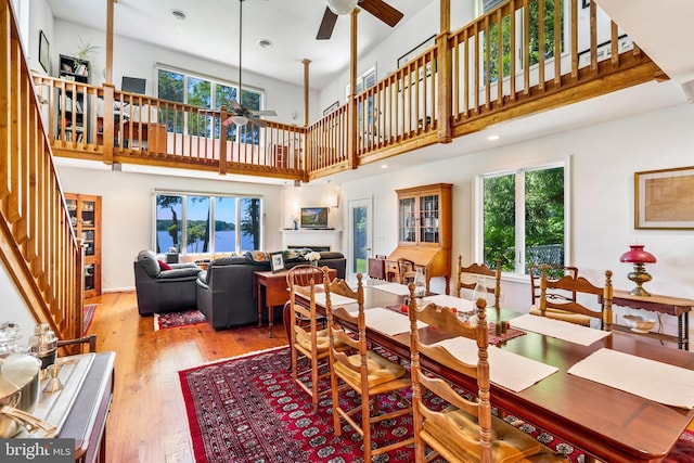 dining room featuring wood-type flooring, ceiling fan, and a wealth of natural light