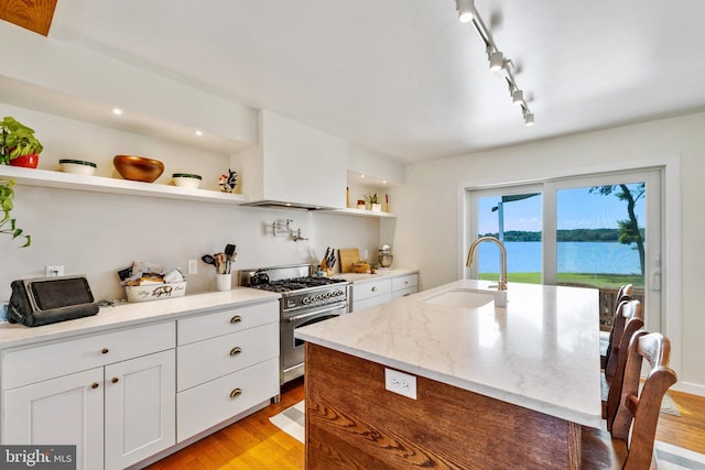 kitchen with light wood-style flooring, a sink, high end stainless steel range, open shelves, and custom range hood