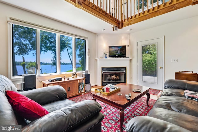 living room featuring a towering ceiling