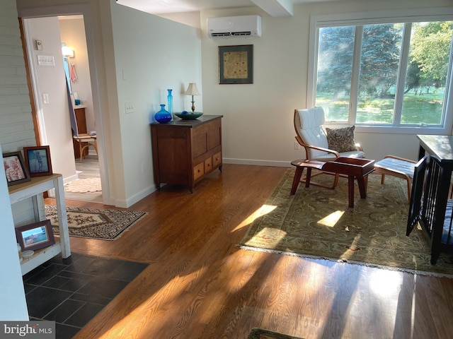 office area featuring dark wood-type flooring and a wall mounted air conditioner