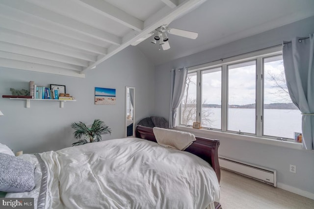 carpeted bedroom featuring a baseboard radiator, a water view, ceiling fan, and vaulted ceiling with beams