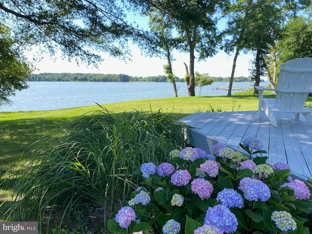 view of yard featuring a deck with water view