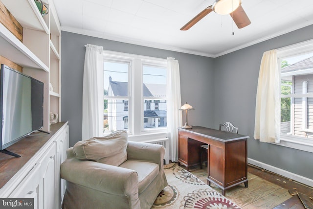 office featuring a healthy amount of sunlight, ceiling fan, hardwood / wood-style flooring, and crown molding